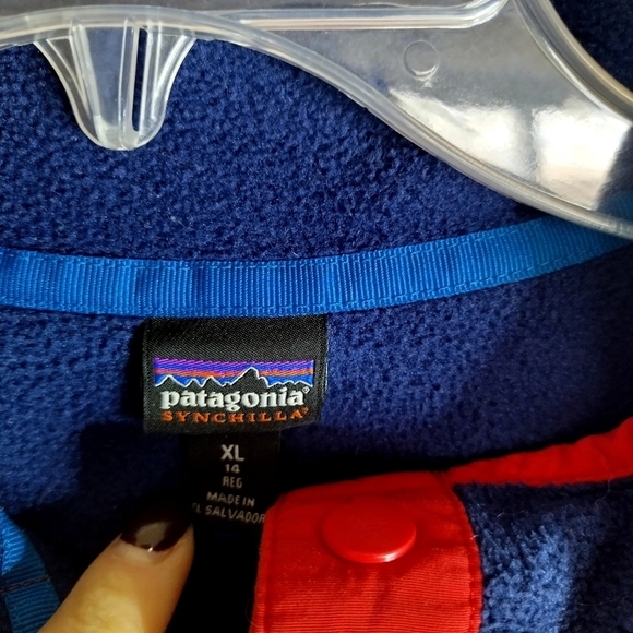 PATAGONIA SYNCHILLA SNAP T FLEECE PULLOVER Red Blue kids sz 14/Xl - Picture 4 of 6